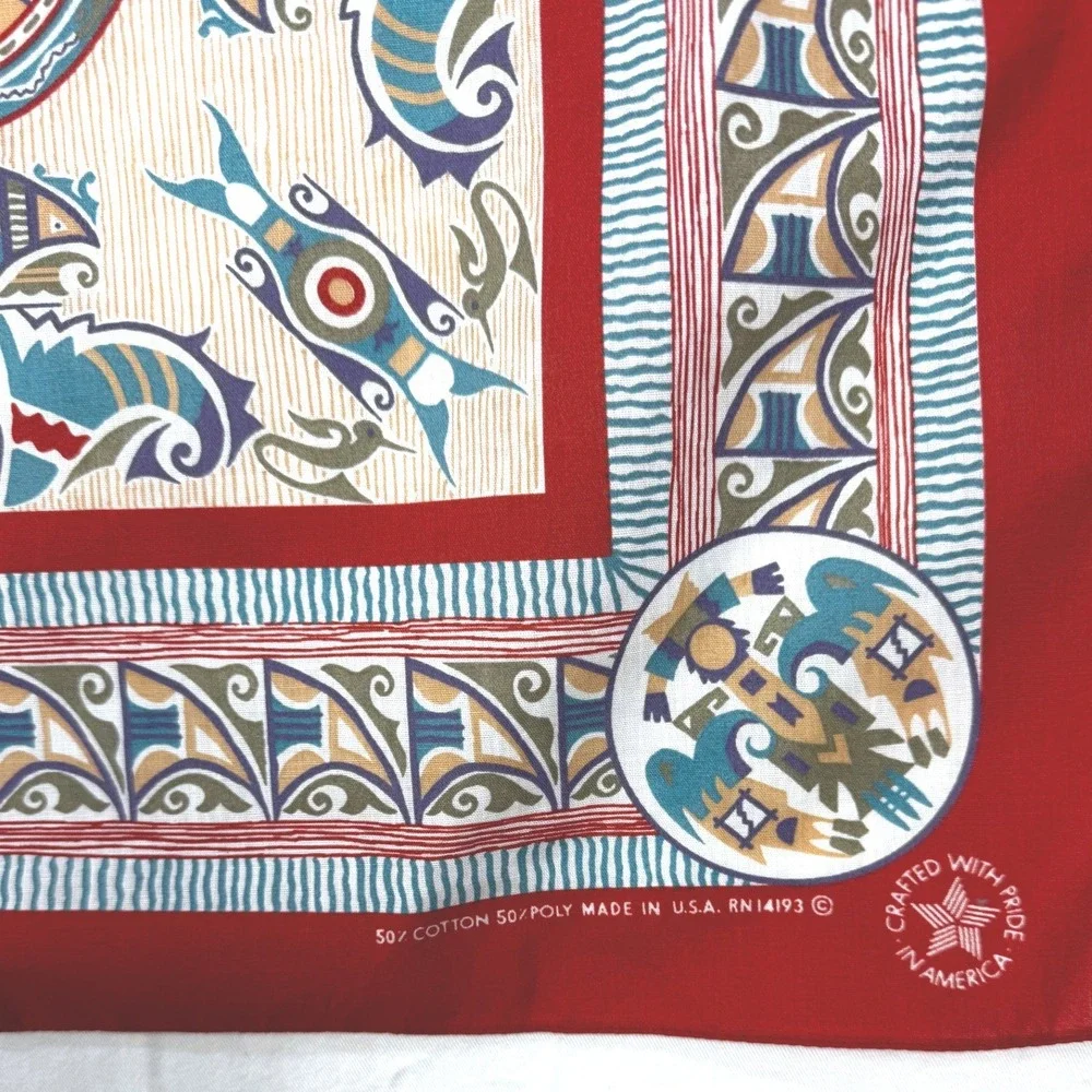 Vintage Southwestern Bandana Coral Geometric Tribal Print Made in USA 21x22